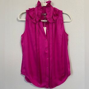 NWT Trina Turk Sleeveless Ruffle Tie-Neck Blouse - Fuchsia